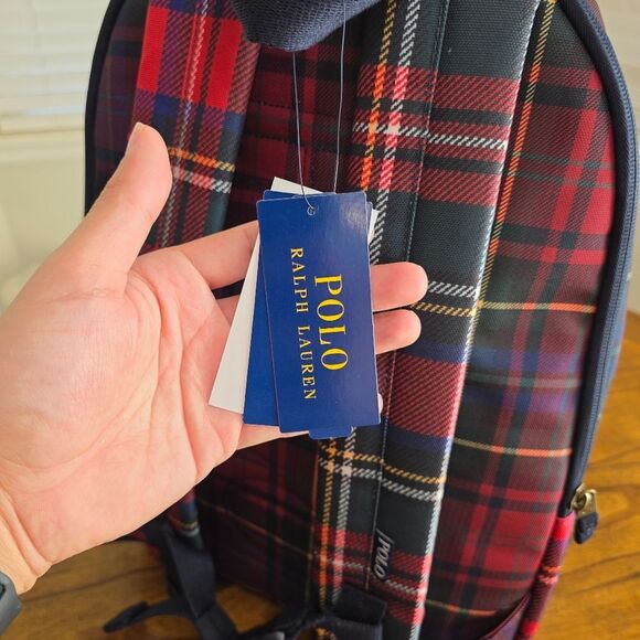 Polo Ralph Lauren Nordic Polo Bear Red Stewart Plaid Nylon Backpack Laptop Bag - Picture 7 of 9